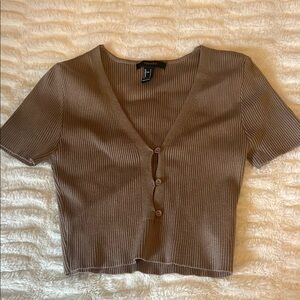 Forever 21 Brown Ribbed V-Neck Button-Up Top